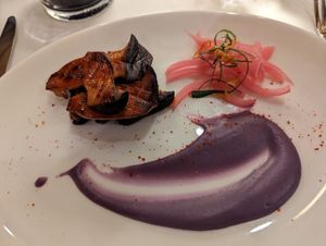 Smoker hamakua mushroom served with Okinawa sweet potato at Ama Ama Restaurant in Kapolei
