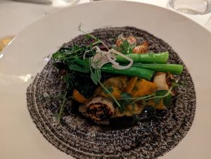 Coconut curry, with jackfruit, apple banana, squash, beet, black sesame puree at Ama Ama Restaurant in Kapolei