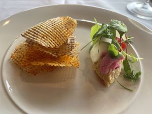 Hummus with chips aka “ginger chickpea salad"  at Ama Ama Restaurant in Kapolei