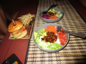 Tempeh burger without mayonnaise and two vegan Tempeh bowls   at Lima Cafe in Pecatu