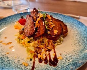 GRILLED SEITAN WITH SAUTÉED VEGETABLES, MASHED SWEET POTATOES at Restaurante Lago in Santa Maria Da Feira