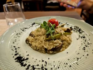 Wild mushrooms and asparagus risotto (with vegan cheese) at Restaurante Lago in Santa Maria Da Feira