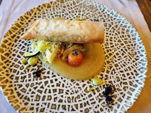 Vegan "alheira" puff pastry with apple purée and al dente vegetables. at Restaurante Lago in Santa Maria Da Feira