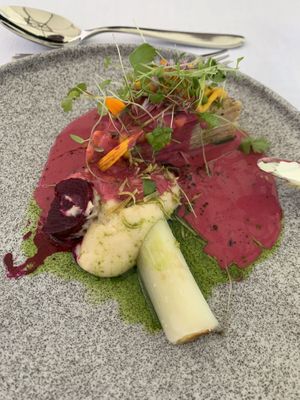 This was super tasty besides the obvious ingredients there were a parsnip purée and a celery layered tortino in a beetroot sauce.  at Ertlio Namas in Vilnius