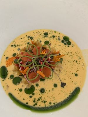 Carrot soup with barley, vegan cream and dill oil. So many flavors and textures!  at Ertlio Namas in Vilnius