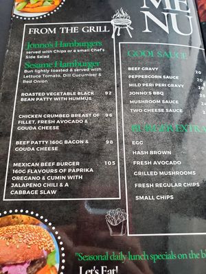 Menu at Jonno's Bistro in Windhoek