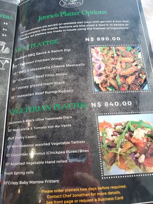 Menu at Jonno's Bistro in Windhoek