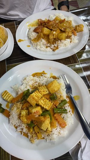 Massaman and tofu curry. Red curry with tofu and vegetables. 10/10. Cost 120 Bhat each including the rice   at Mama Kitchen in Ao Nang