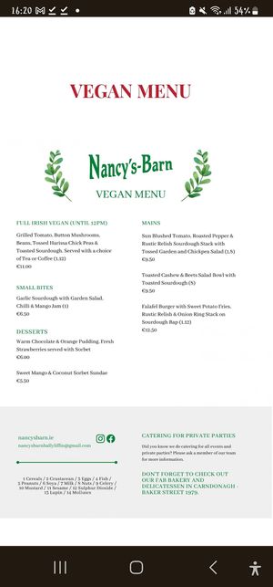 Vegan menu at Nancy's Barn in Ballyliffin