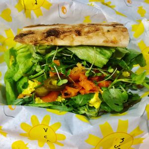 THE GOBBLE! - VEGG MAYO & SMOKED VALMON with Sundry Toms, Jalapenos and Multicress on Warm Turkish Flat. at THE COVEN of WICHES in East London