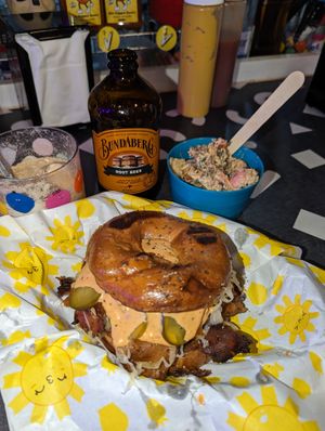 'The Reuben' on GF bagel with potato salad at THE COVEN of WICHES in East London