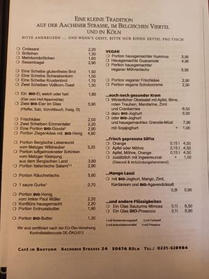 Breakfast menu individual items at Café Bauturm in Cologne