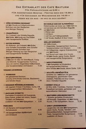 Breakfast menu at Café Bauturm in Cologne