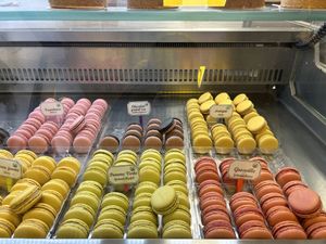 Vitrine with all the different macaron flavors  at La Parisienne Macaronnerie in Freiburg