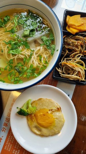 Ramen combo: includes toppings, egg, and a skewer. at Baiyi Vegetables Lanzhou Sulamian - 百易素食·素拉面（元大都店) in Beijing