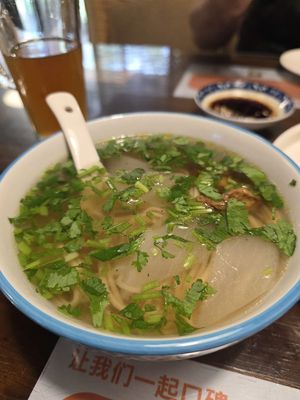 Plain noodles with some soya chunks, cilantro, and turnip at Baiyi Vegetables Lanzhou Sulamian - 百易素食·素拉面（元大都店) in Beijing