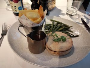 Lentil & spinach pie, chunky chips, French beans & red wine gravy. at Albert's Didsbury Restaurant & Bar in Manchester