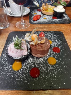 Chocolate cheesecake with strawberry icecream at Quay Street Kitchen in Galway