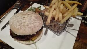 Vegan burger with fries at Quay Street Kitchen in Galway