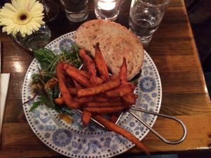 vegan burger with sweet potato fries at Quay Street Kitchen in Galway