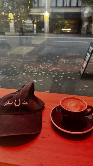 Oat flat white + hat  at Stumptown Coffee Roasters - Downtown in Portland