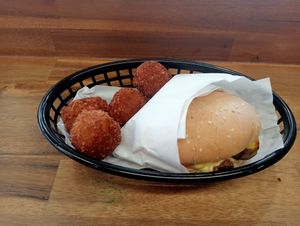 Pumpkin arancini and cheeseburger at Vego's in Charlestown