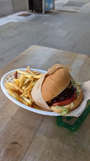Aussie burger + small chips at Vego's in Charlestown