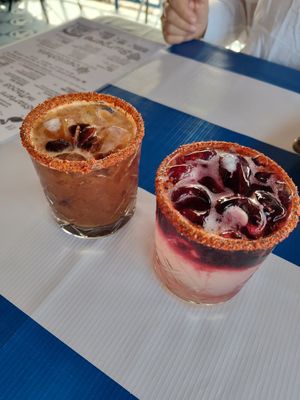 Fresh juice tamarind and hibiscus margaritas rimmed with tajín at El Marinero Borracho in San Jose Del Cabo