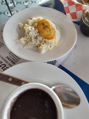 Accidentally vegan pineapple -Coconut rice with plantain and side of black bean at El Marinero Borracho in San Jose Del Cabo