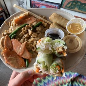 Vegan Peanut Curry Noodles, Tofu Fresh Roll & Vegetable Spring Rolls. at Bangkok Taste Cuisine in Grand Rapids