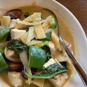 C4 Green Curry (Geang Keaw Warn): Bell Peppers, Bamboo Shoots, Eggplant, Onions, Thai Basil Leaves in Green Coconut Curry, add Steamed Tofu  at Bangkok Taste Cuisine in Grand Rapids