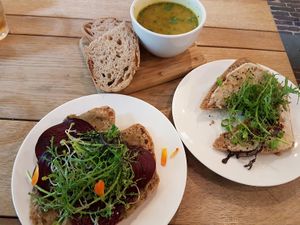 soup of the day, baba ganocuhe sandwich and sandwich of the day (with hummus) at De Veldkeuken in Bunnik