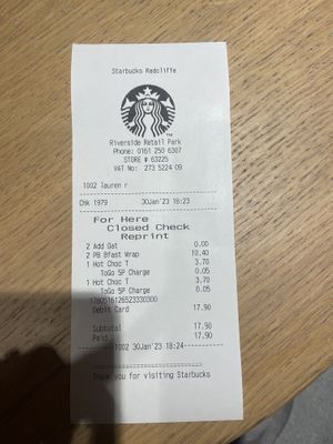 Receipt   at Starbucks in Radcliffe