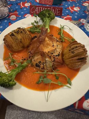 Filo parcel with Hasselback potatoes in tomato and almond sauce   at The Miggi Vegan Guesthouse in Paignton