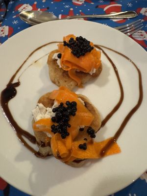 Blini with soused carrot and seaweed - better than the “real” thing  at The Miggi Vegan Guesthouse in Paignton