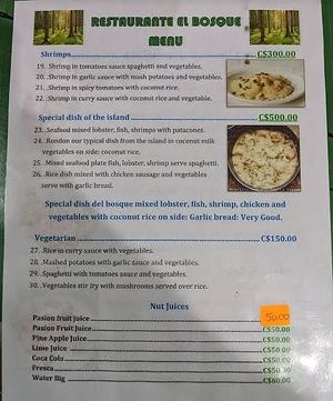Menu at Rest El Bosque in Corn Islands