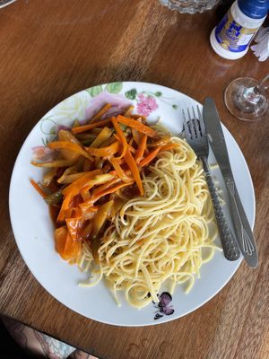 Spaghetti & veg 150 cordobas  at Rest El Bosque in Corn Islands