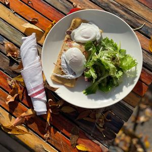 Buckwheat Crepe with Poached Eggs (gluten free)
Mushroom, Swiss chard, gruyere, local lettuces, lemon vinaigrette at Barbette in Minneapolis