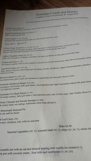 Menu at Norman's Coach and Horses in London