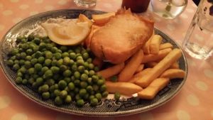 ";Fish"; and chips  at Norman's Coach and Horses in London