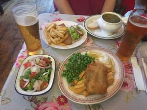 Vegan fish and chips were great!!! at Norman's Coach and Horses in London