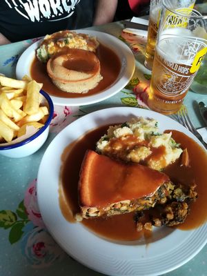 Chickpeas/spinach pie, mushroom/leek pie & mash + extra (delicious) fries at Norman's Coach and Horses in London