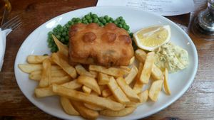 vegan Tofush and Chips with peas and tartar sauce at Norman's Coach and Horses in London