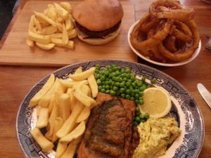 Tofish n chips, onion rings, burger n chips at Norman's Coach and Horses in London