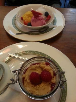 3 sorbets - champagne, mango n passionfruit, mixed berry. And peanutbutter mouse with raspberry coulis. All vegan. at Norman's Coach and Horses in London