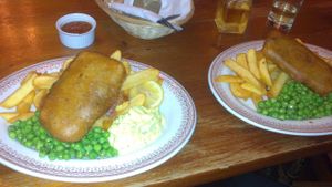 'Tofush and chips with peas and homemade tartare sauce' at Norman's Coach and Horses in London
