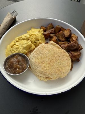 3 Vegan (just egg) breakfast w/ home fries, English muffin and apple butter  at Humble Wood Fire Pizza in Gainesville