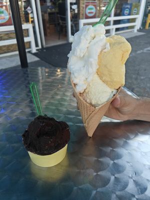 Dark chocolate (vegan) + cone (not vegan) with mango, pineapple and lemon (vegan) at Dolcenero in Santa Monica