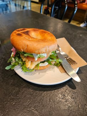 Bagel with vegan chicken at Coffee Culture Kaiapoi in Kaiapoi