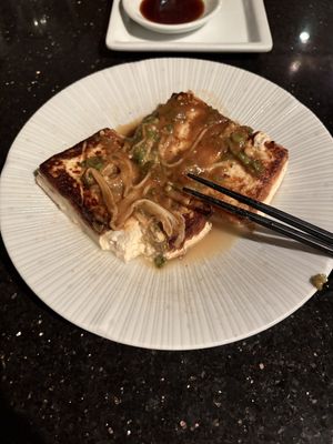 Tofu steaks! Had taken a bite before remembering to take a picture haha   at Arigato Sushi in Santa Barbara